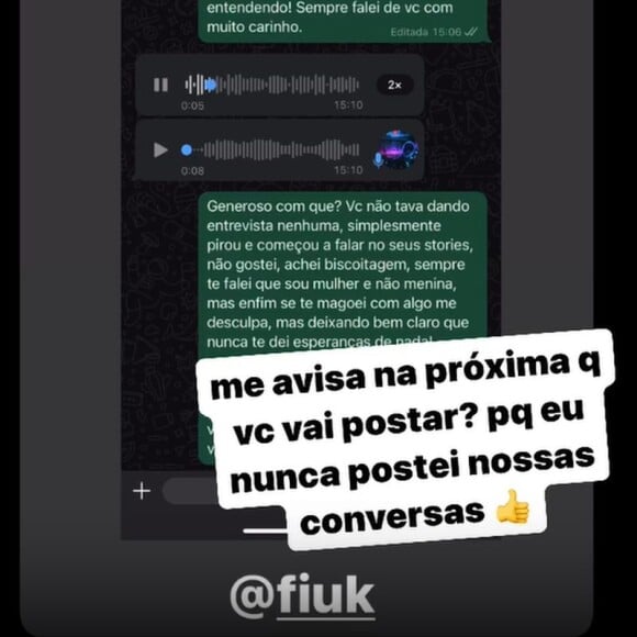 Fiuk lamentou o fato de Deolane expor a conversa dos dois