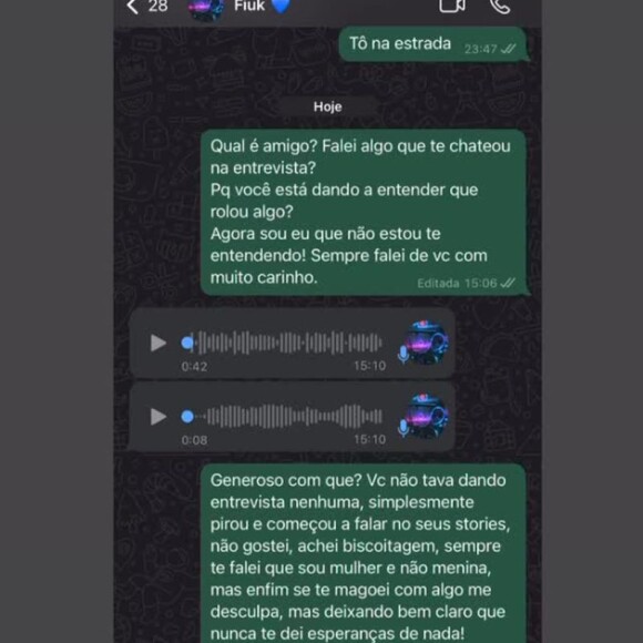 A troca de mensagens entre Fiuk e Deolane Bezerra