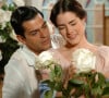 Rafael (Eduardo Moscovis) e Luna (Liliana Castro) fazem juras de amor no início da novela Alma Gêmea, mas a bailarina morre com um tiro