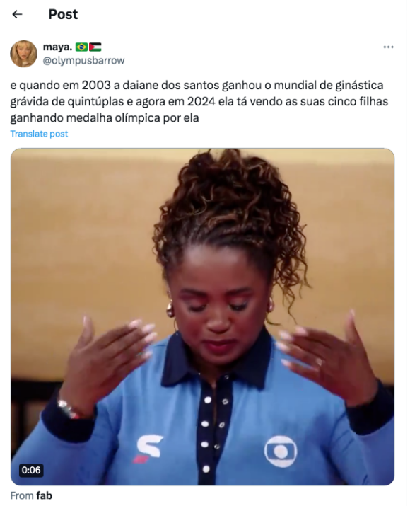 Uma internauta publicou no X, antigo Twitter, que Daiane dos Santos estava grávida quando disputou as Olimpíadas 2004