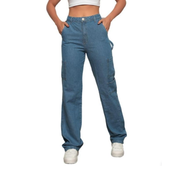 Calça Cargo wide Leg lisa com 7 Bolso Azul-medio