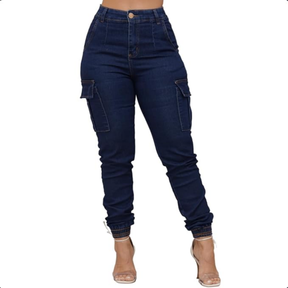 Calça Jeans Cargo Jogger Cintura Alta Com Bolso