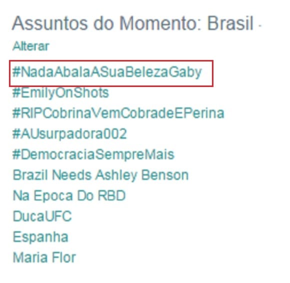 A hashtag 'Nada abala a sua beleza Gaby' chegou ao topo dos assuntos mais comentados do Twitter
