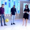 Fátima Bernardes se divertiu ao chutar, de salto alto, bola de futebol no 'Encontro'