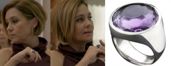 O anel de pedra roxa usado por Inês é o Drica, da marca de joias Carioquez. Ele é feito em prata com ametista facetada e custa R$600,00