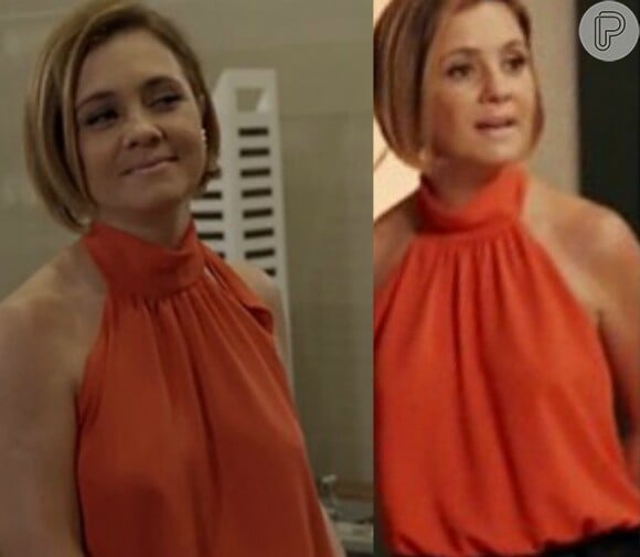 A blusa laranja usada por Inês (Adriana Esteves) é da grife Triagem Jeans e custa R$119,90