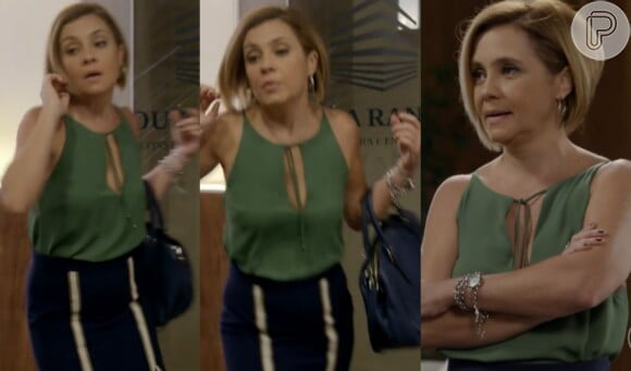 Inês (Adriana Esteves) combinou a saia azul, marcada por listras brancas, com a camisa de alças verde