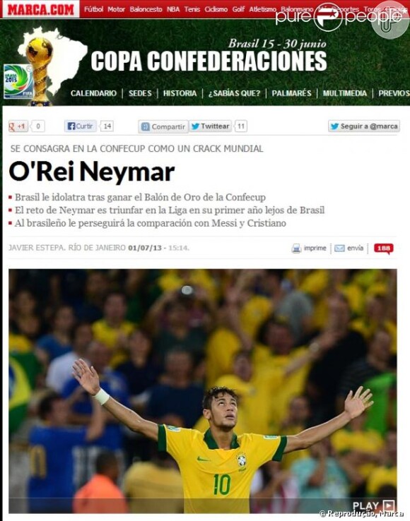 Neymar foi o grande destaque da Copa das Confederações. A boa performance do jogador rendeu capa nos jornais do mundo inteiro