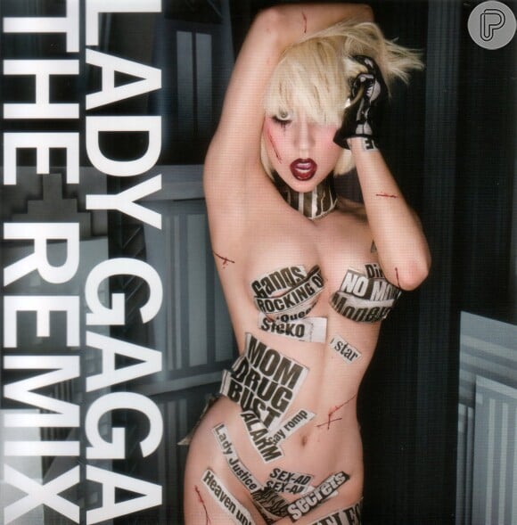 Na capa de um disco de remixes, Lady Gaga aparece nua, coberta por recortes de jornal