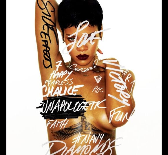 Na capa do disco 'Unapologetic', Rihanna recurso a um recurso gráfico para cobrir sua nudez: muitos rabiscos