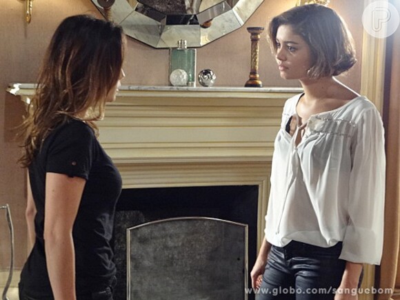 Malu (Fernanda Vasconcellos) confronta Amora (Sophie Charlotte) e a ameaça, em 'Sangue Bom'