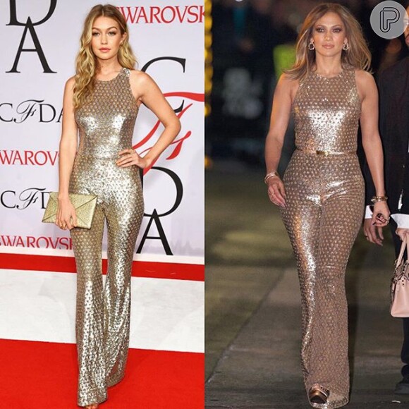 Jennifer Lopez usou nestar terça-feira, dia 05 de dezembro de 2016, um macacão dourado já escolhido pela modelo Gigi Hadid