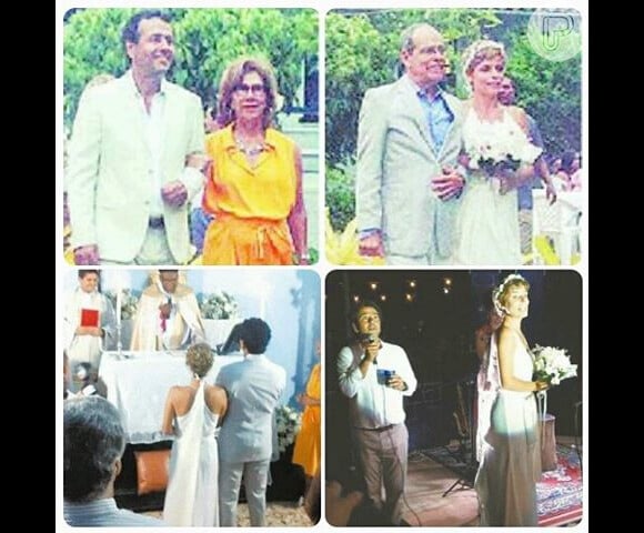 Algumas fotos da cerimônia e da celebração do casamento de Marcos Palmeira com Gabriela Gastal foram parar nas redes sociais dos convidados do casal