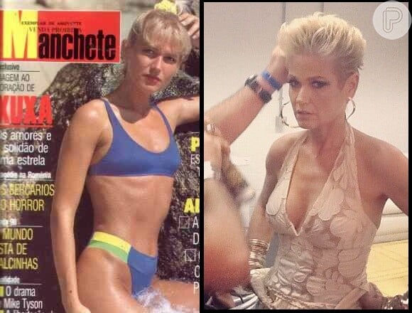 Xuxa colocou prótese de silicone em 2000, mas cinco anos depois ela disse que se arrependeu da intervenção; à esquerda, Xuxa na capa da revista 'Manchete', em 1992; à direita, clique postada no Instagram da apresentadora em 2012
