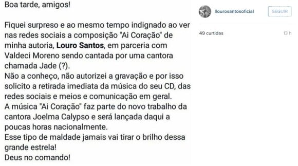 Louro Santos, compositor de 'Ai Coração', afirmou não ter autorizado Jade a gravar a música