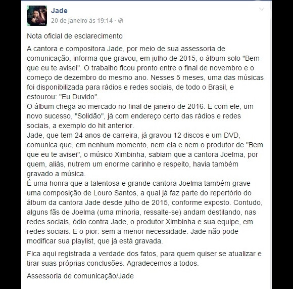 Jade se pronunciou através do Facebook e negou saber que Joelma gravaria a música 'Solidão'/'Ai Coração'