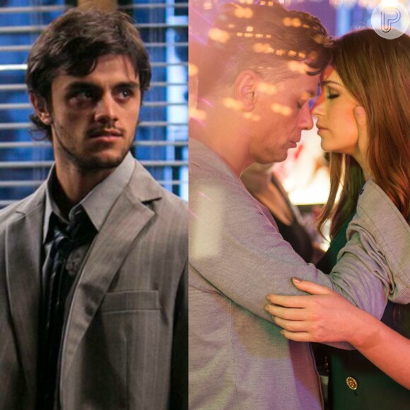 Jonatas (Felipe Simas) vê Arthur (Fábio Assunção) beijar Eliza (Marina Ruy Barbosa) antes da prova do concurso e diz que ele está apaixonado pela ruivinha, na novela 'Totalmente Demais', em fevereiro de 2016