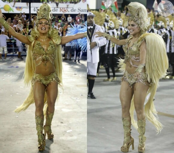 Paloma Bernardi investiu R$ 70 mil em seu figurino de estreia como rainha de bateria da Grande Rio. Cabelos loiros reais no lugar de penas foi o que mais chamou atenção