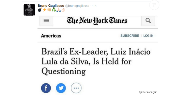 Bruno Gagliasso protestou no Twitter, compartilhando uma capa do 'The New York Time'