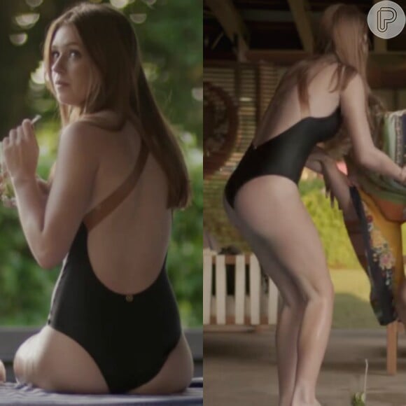 Eliza, personagem de Marina Ruy Barbosa na novela 'Totalmente Demais', usou maiô preto com decote nas costas na beira da piscina no dia 14 de abril de 2016