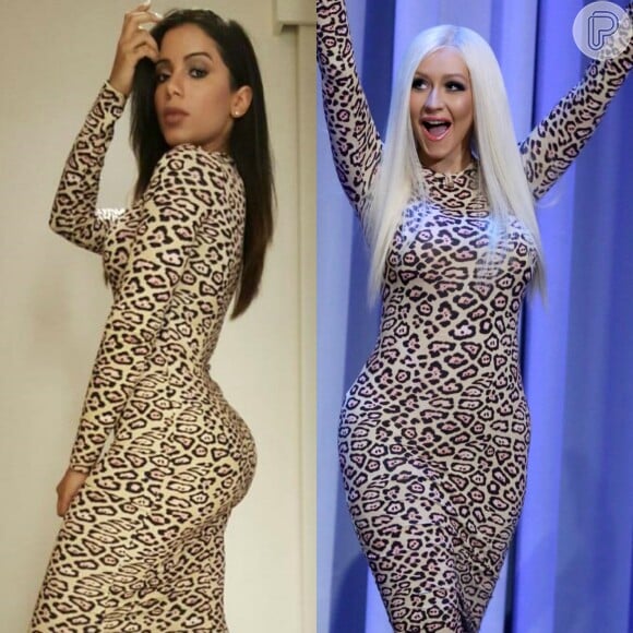 Anitta repetiu um vestido de oncinha de R$ 7 mil da grife Givenchy usado por Christina Aguilera