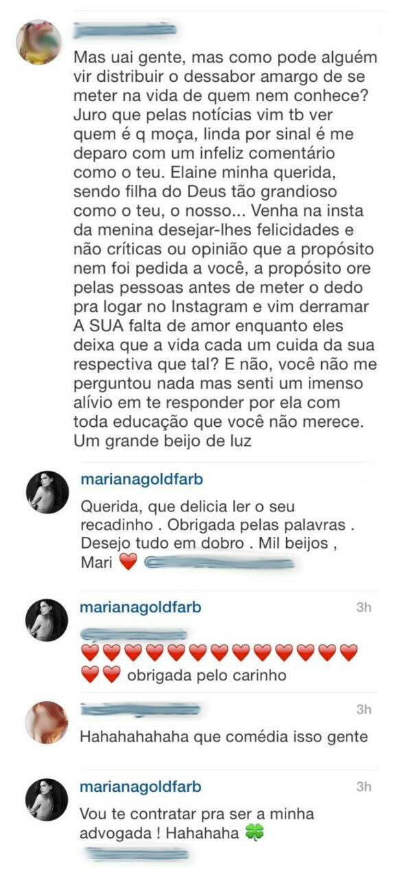 Mariana responde carinhosamente internauta que a defendeu de críticas na sua conta do Instagram