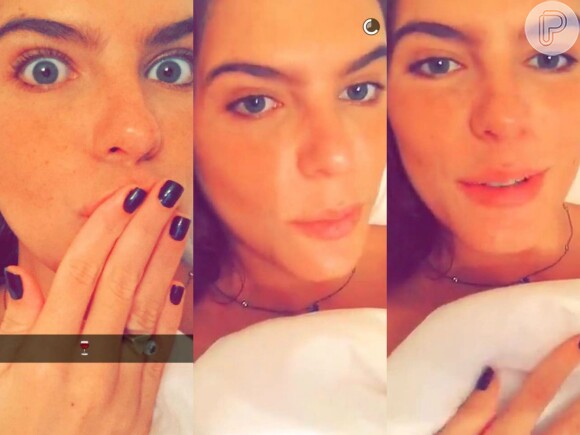 Mariana Goldfarb entrega noite acompanhada de Cauã Reymond ao apontar uma tacinha de vinho no seu Snapchat e reclama de seguidores 'chatos' que passaram a acompanhá-la