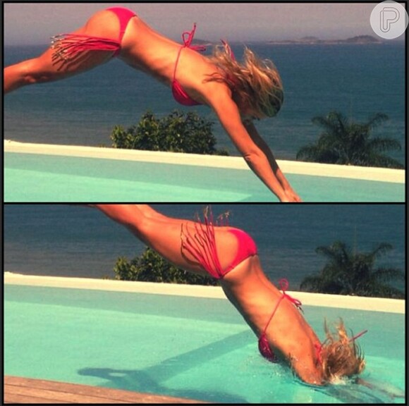 O domingo, 13 de outubro de 2013, foi de sol e piscina para Carolina Dieckmann. Em seu Instagram, a atriz mostrou fotos de um mergulho e exibiu seu corpo escultural