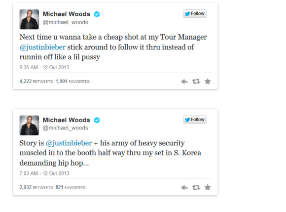 O DJ Michael Woods publicou mensagens em seu Twitter, se referindo ao episódio com Justin Bieber