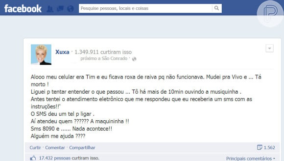 Xuxa contou no Facebook que mudou de operadora e ainda passa por problemas com o serviço móvel