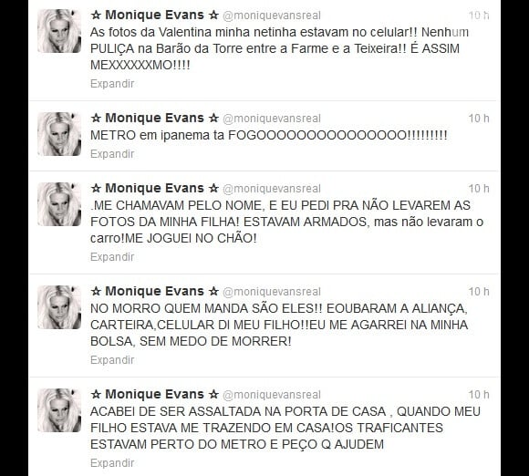 Monique Evans anunciou em sua conta no Twitter ter sido vítima de um assalto na noite da última sexta-feira, 25 de outubro de 2013, em Ipanema, Zona Sul do Rio de Janeiro