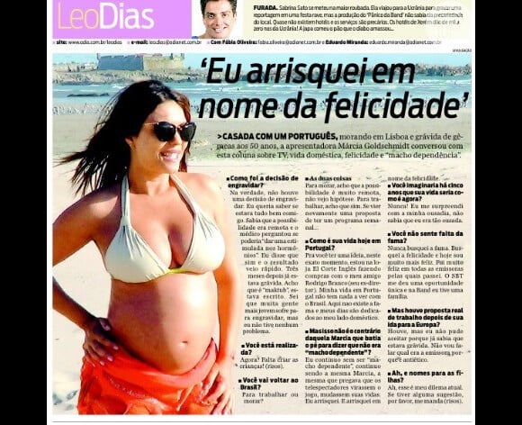 Márcia Goldschmidt comentou sobre sua gravidez aos 50 anos, na coluna de Leo Dias, do jornal carioca 'O Dia'