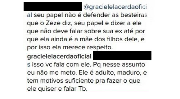 Graciele Lacerda responde internauta após ser incentivada a ajudar Zezé a melhorar sua relação com Zilu