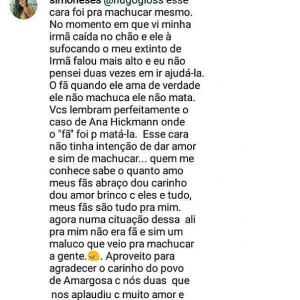 Simone se posiciona após ataque de fã a sua irmã, Simaria