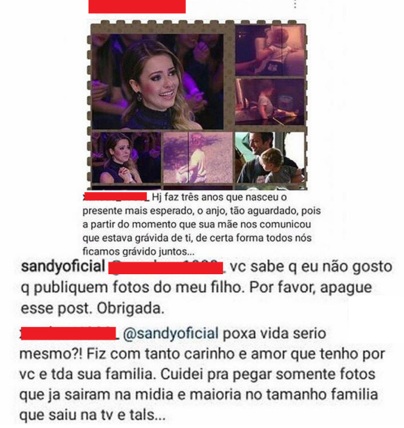 Sandy reprova postagem de fã com fotos do filho, Theo, nesta terça-feira, dia 27 de junho de 2017