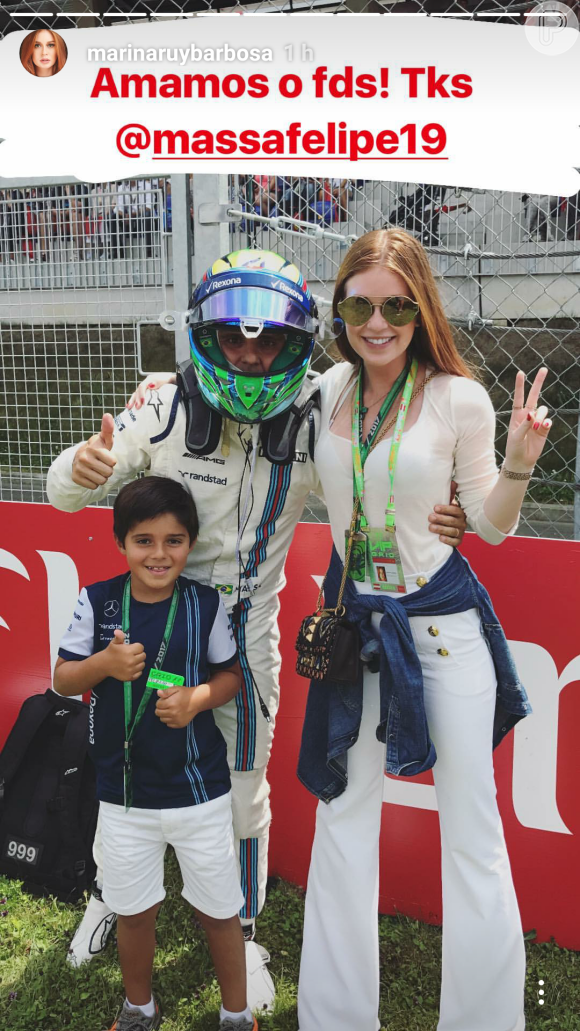 Marina Ruy Barbosa posa com o piloto Felipe Massa e o filho dele