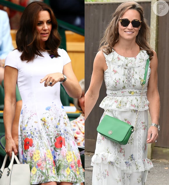 Kate Middleton e Pippa Middleton optaram por looks florais para prestigiarem o torneio de Wimbledon, em Londres, em 16 de julho de 2017