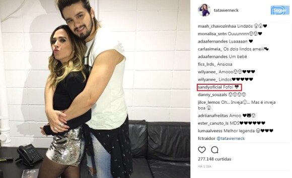 A cantora Sandy também comentou a foto postada por Tatá Werneck com Luan Santana: 'Fofos'
