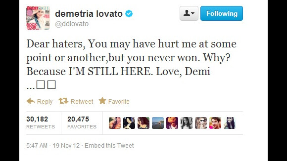 Demi Lovato manda recado para 'invejosos' no Twitter