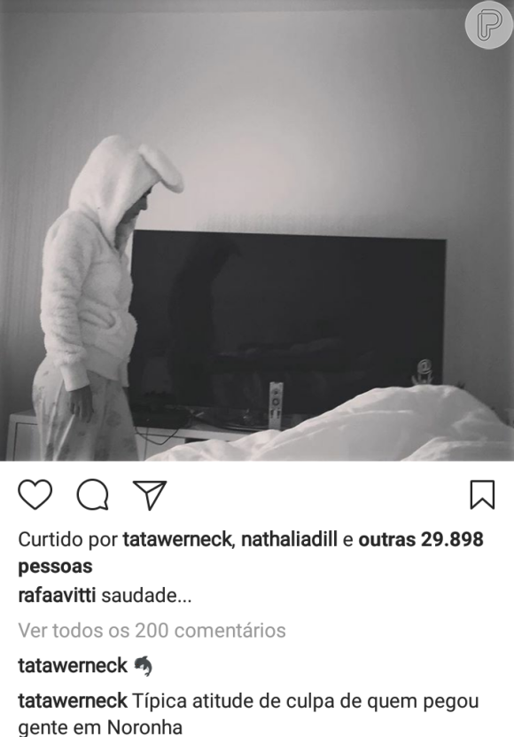 Rafael Vitti, em Fernando de Noronha, lamentou saudade de Tatá Wernek no Instagram nesta segunda-feira, 31 de julho de 2017