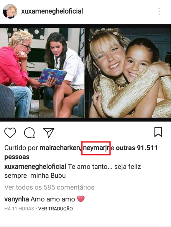Neymar curtiu a postagem de Xuxa parabenizando Bruna Marquezine pelo seu aniversário de 22 anos