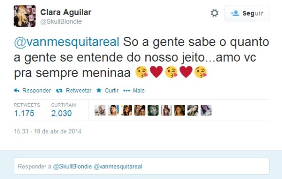 Clara faz declaração para Vanessa: 'Amo você, menina', escreveu a loira em sua conta no Twitter nesta sexta-feira, 18 de abril de 2014