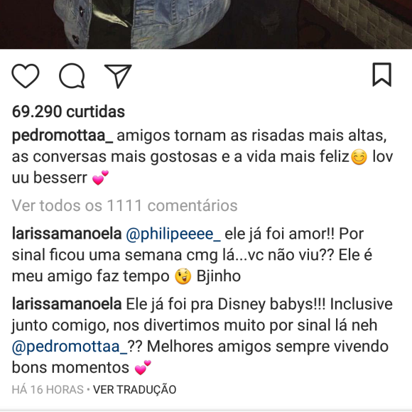 Larissa Manoela rebate piadas de que levaria o melhor amigo, Pedro Motta, a Disney