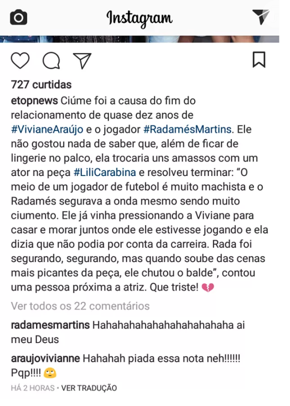 Viviane Araújo e ex-noivo, Radamés, ironizam comentário sobre suposto ciúme em redes sociais