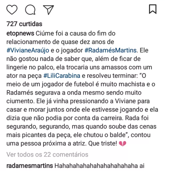 Viviane Araújo e ex-noivo, Radamés, ironizam comentário sobre suposto ciúme em redes sociais