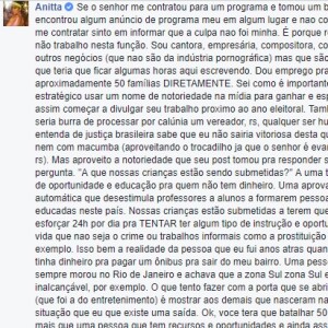 Anitta usou o Facebook para rebater as críticas feitas pelo vereador Otoni de Paula (PSC-RJ)