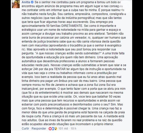 Anitta usou o Facebook para rebater as críticas feitas pelo vereador Otoni de Paula (PSC-RJ)