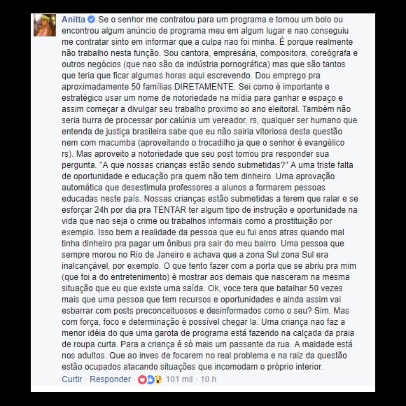 Anitta usou o Facebook para rebater as críticas feitas pelo vereador Otoni de Paula (PSC-RJ)