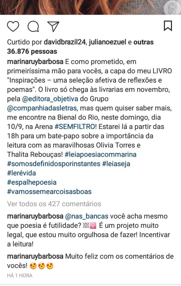 Marina Ruy Barbosa responde crítica de internauta sobre seu livro