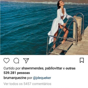 Bruna Marquezine ganha curtida de Shawn Mendes em foto no Instagram